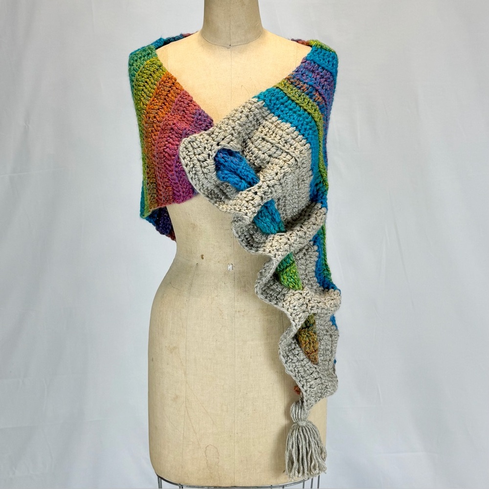 Rainbow gathered scrunch lace crochet scarf wrap tassel handmade pixie festival - Picture 3 of 10